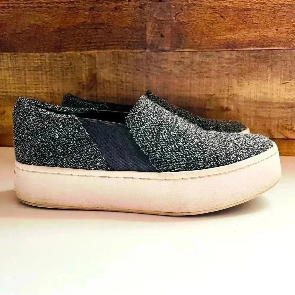 Vince Warren Platform Sneakers Gray Tweed Notched  Vamp Cushioned Slip Ons